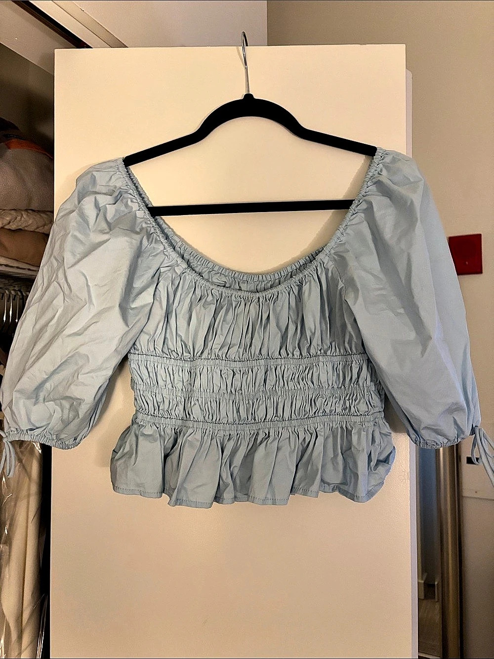 STAUD Cannon Top Puff Sleeve Crop Blouse Blue Size 4